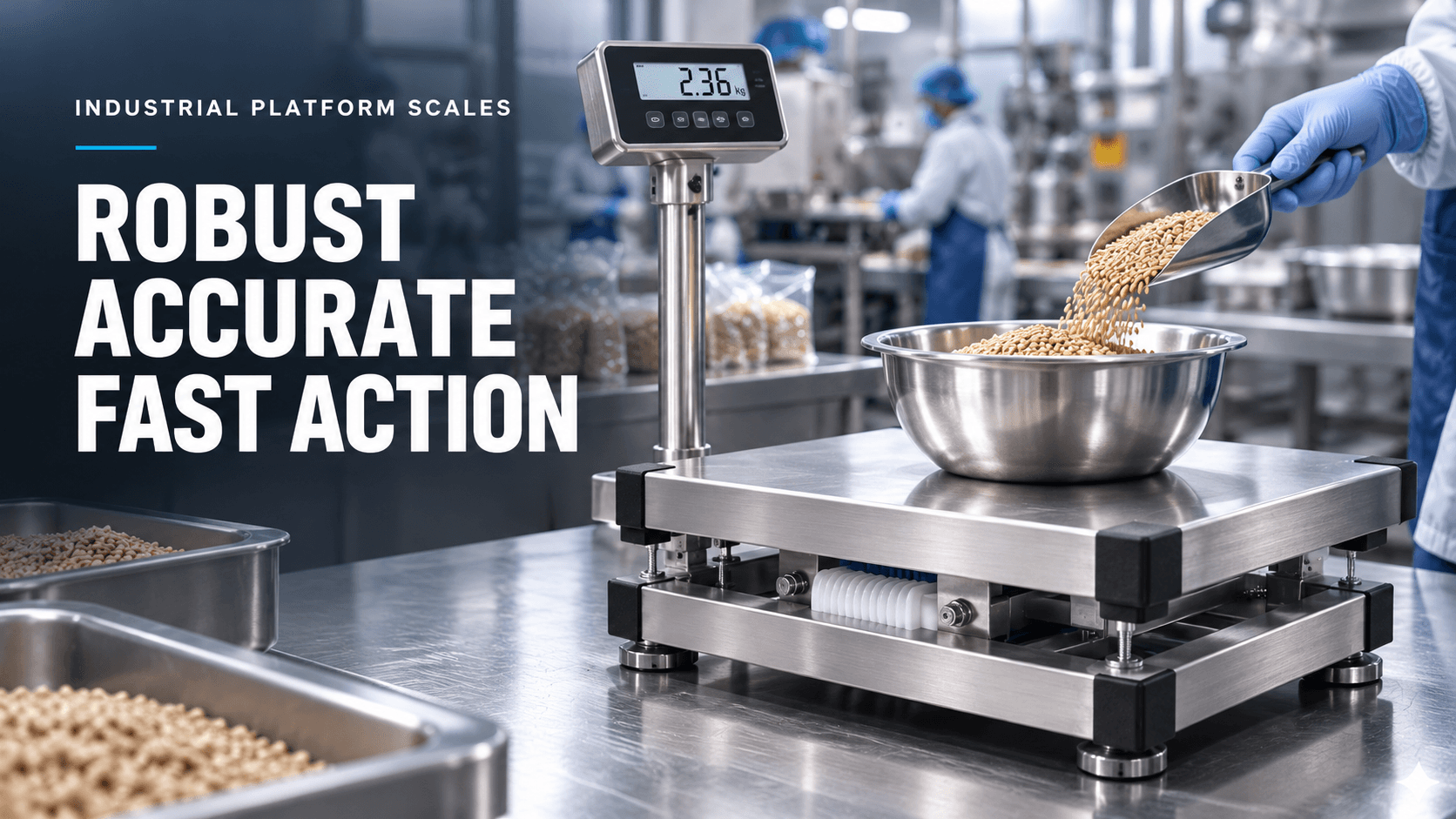 Stainless steel platform scale weighing grain in a food processing environment. Industrial platform scales: robust, accurate, fast action.