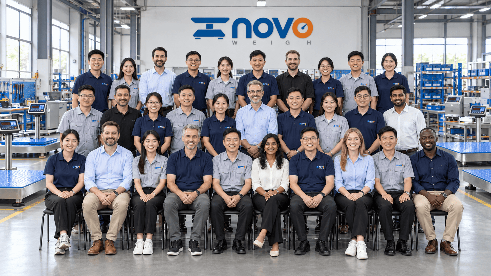 AI-generated workshop group illustration with 30 smiling adults and the NOVO WEIGH logo