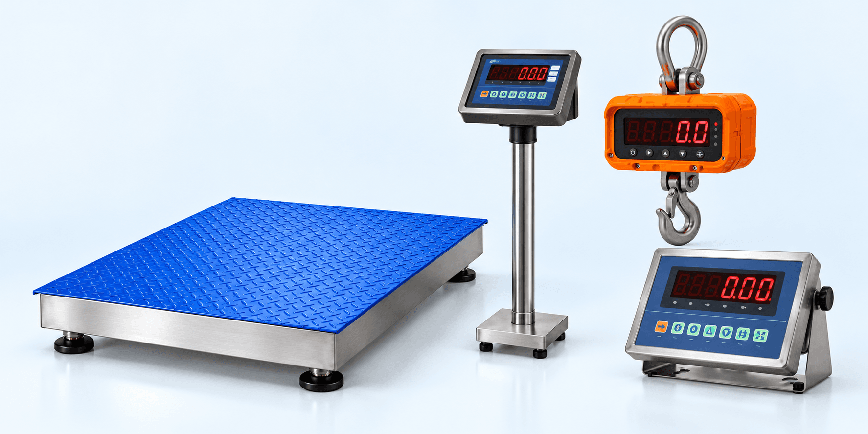 Blue floor scale, orange crane scale and digital weighing indicator