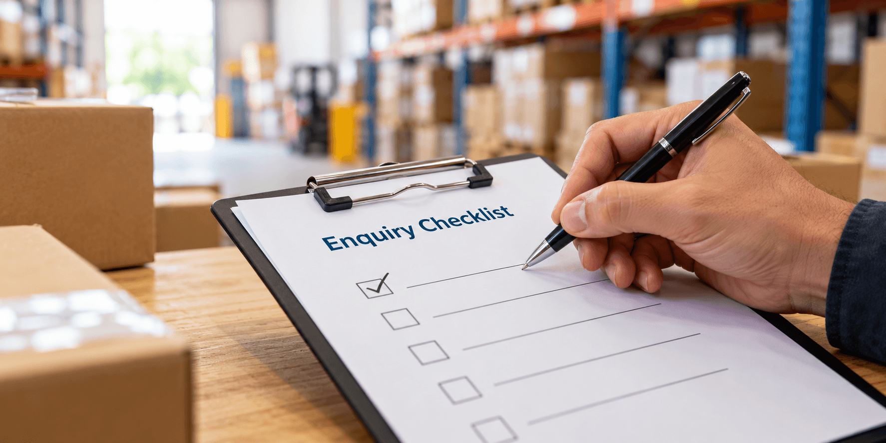 Hand completing a weighing enquiry checklist in a warehouse