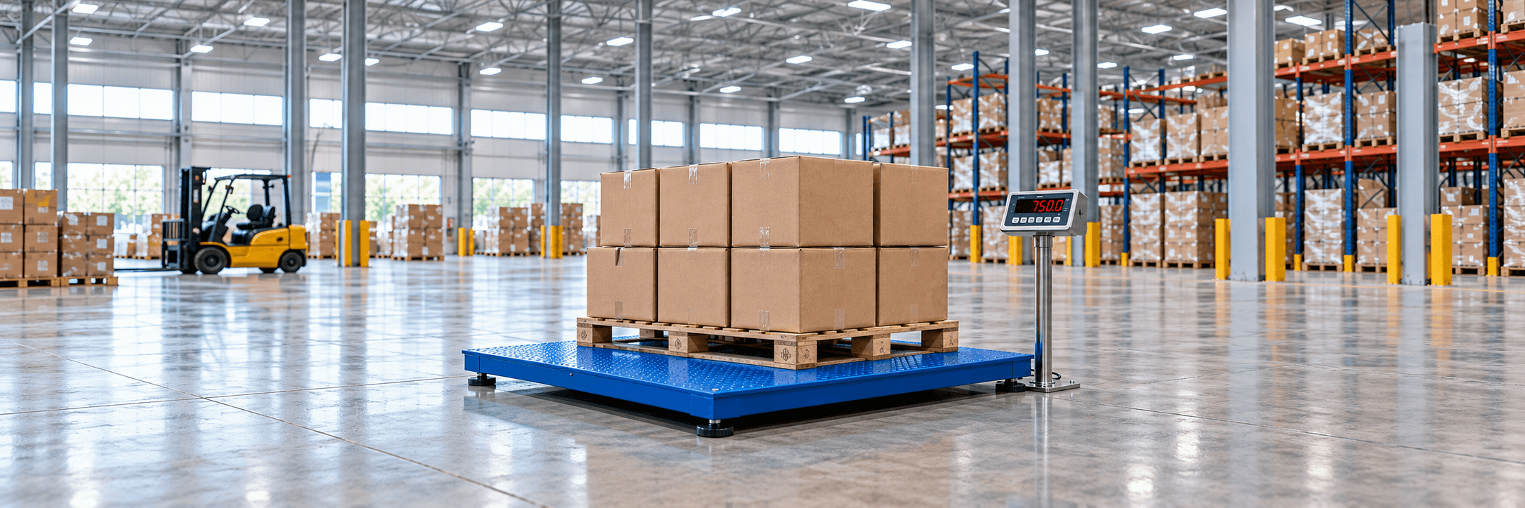 Illustration of pallet weighing on a blue industrial floor scale in a warehouse