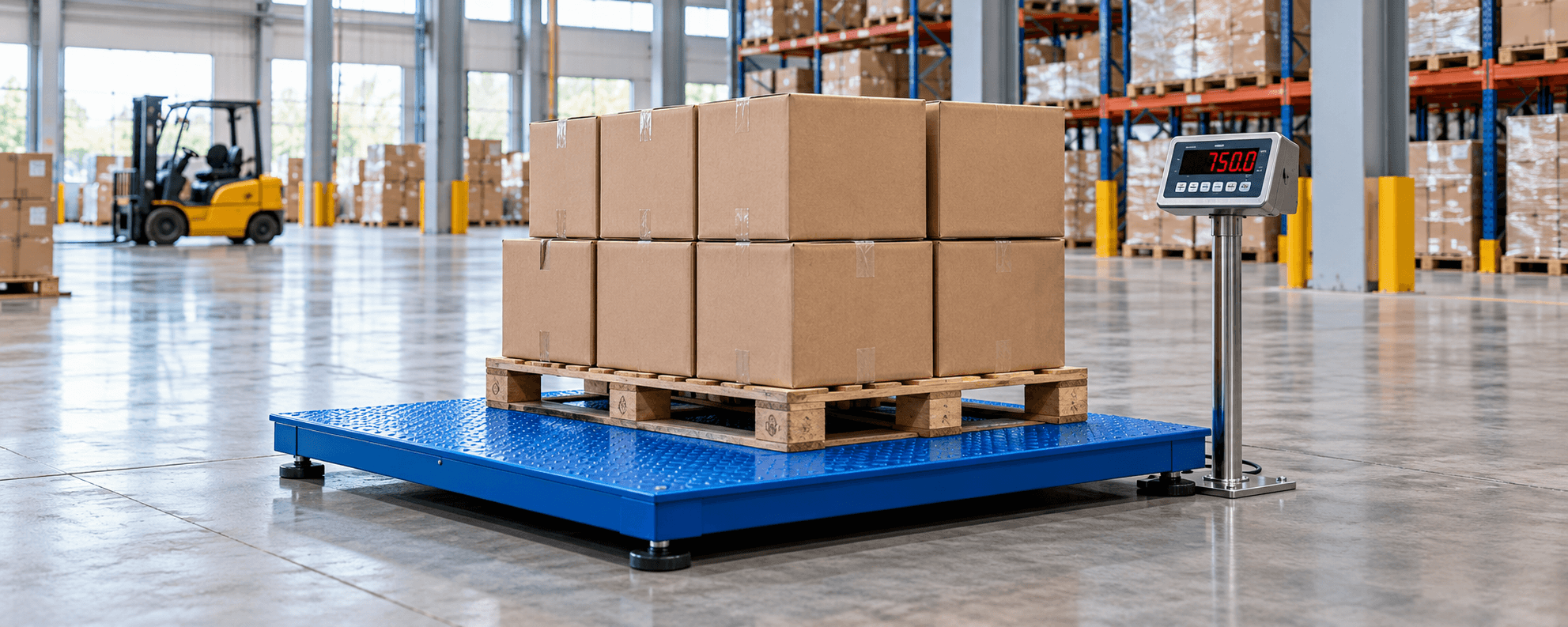 Pallet of cartons on a blue floor scale in a bright warehouse