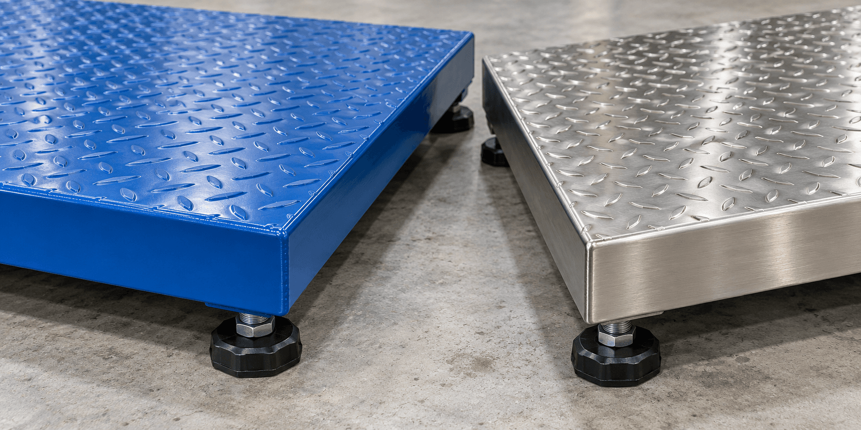 Blue painted steel and stainless steel platform corners