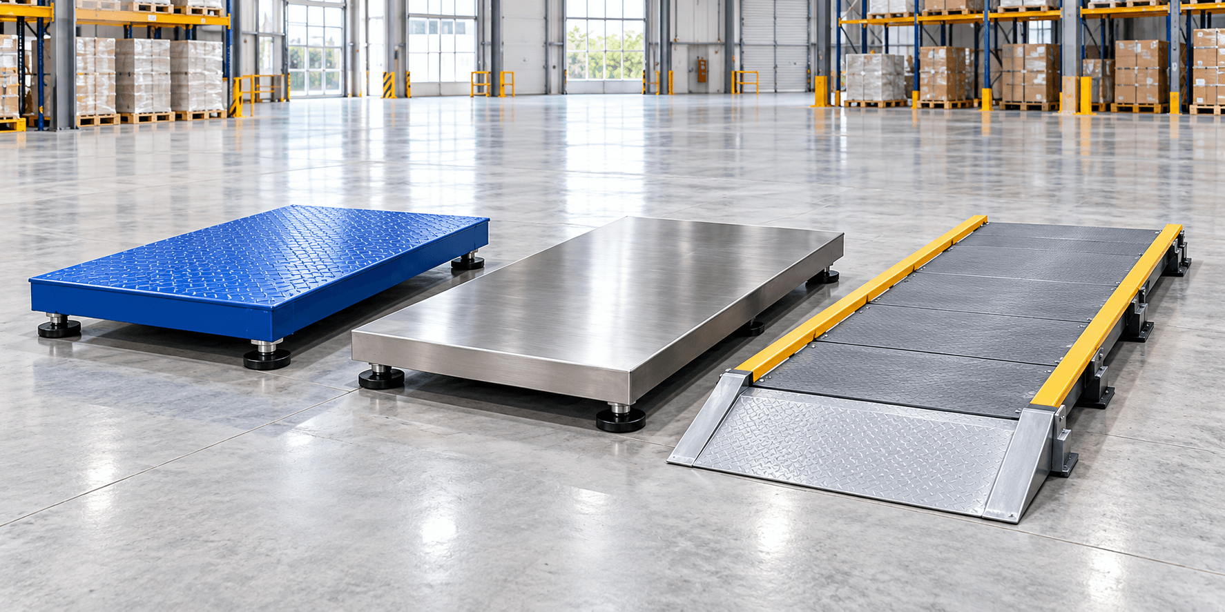 Blue floor scale, stainless steel platform and ramp scale